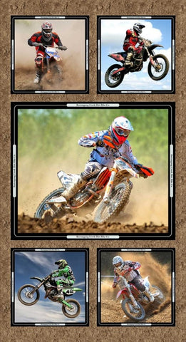 Dirt Bikes Motorbikes Collage Cotton Quilting Fabric Panel