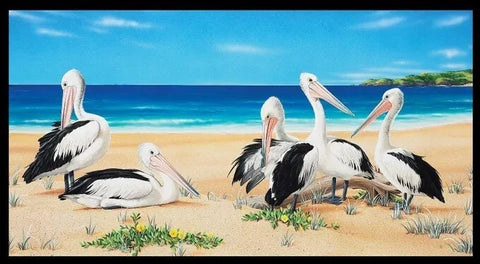 Pelicans on Beach Cotton Fabric Panel